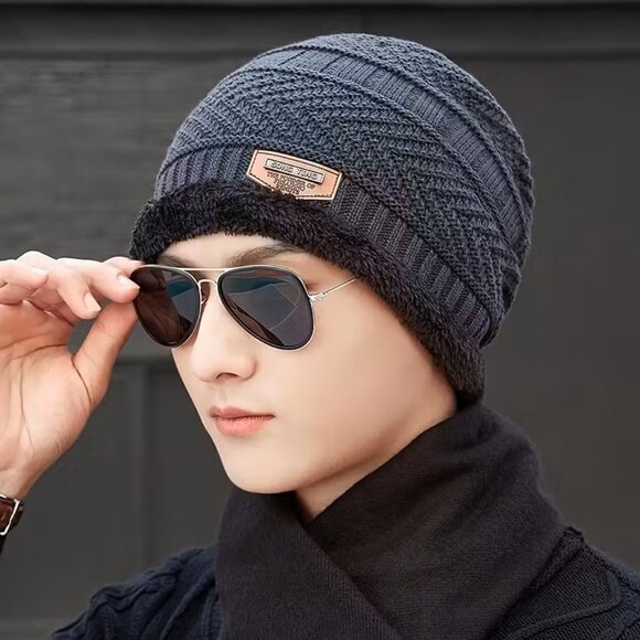 Blue, Navy Warm Fleece Lined Knit Beanie Mens, Winter Slouch Skull Cap Thermal - Picture 2 of 2